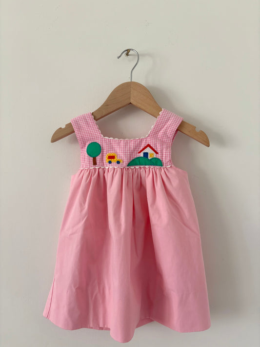 Vintage Sylvia Whyte School Bus Appliqué Pink Gingham Set Size 2T