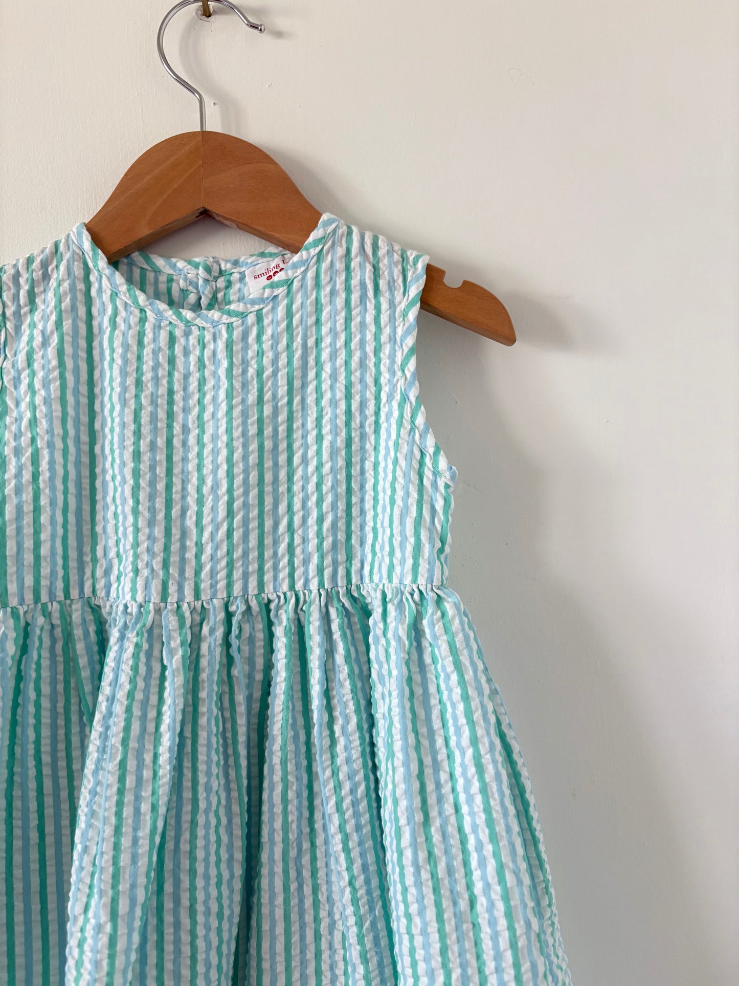 Smiling Button Green and Blue Seersucker Dress Size 5