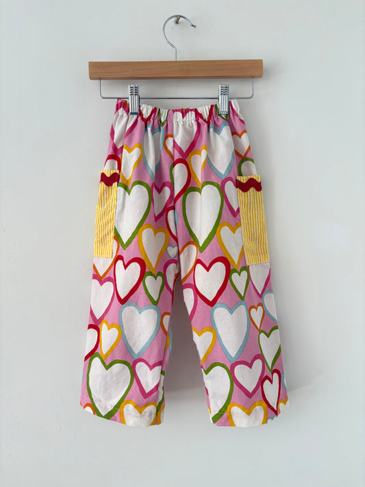 Hand-sewn Upcycled Hearts and Ric Rac Wide Leg Pocket Pant Size  3T