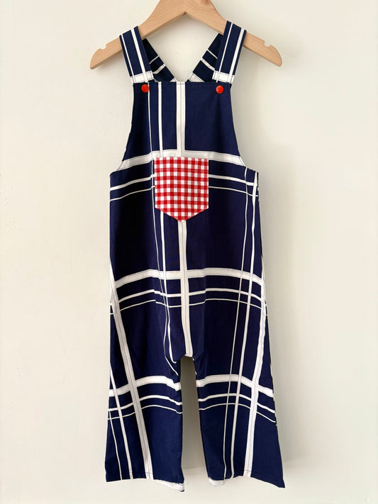 Hand-sewn Upcycled Navy Check Overalls Size 2T