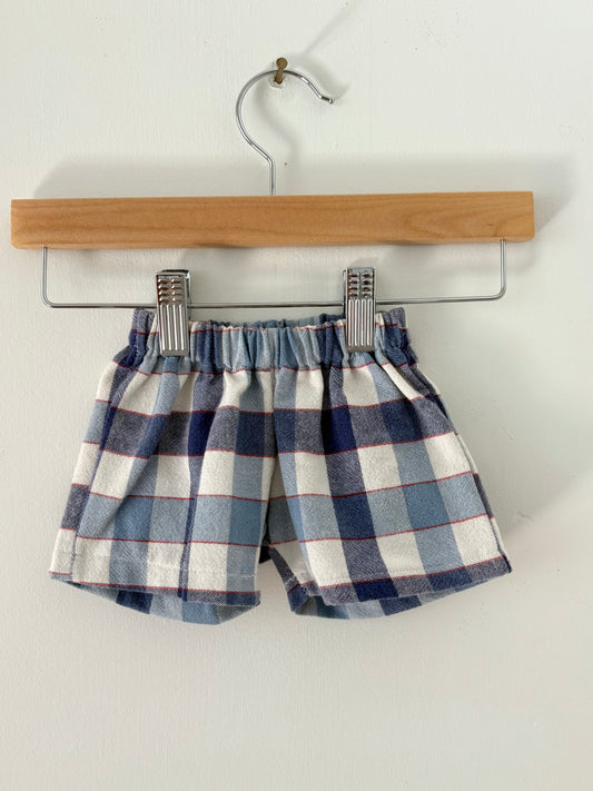 Hand-sewn Upcycled Blue Plaid Shorts Size 0-3 months