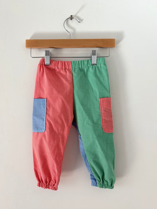 Hand-sewn Upcycled Color Block Gingham Pocket Joggers Size 18-24 months
