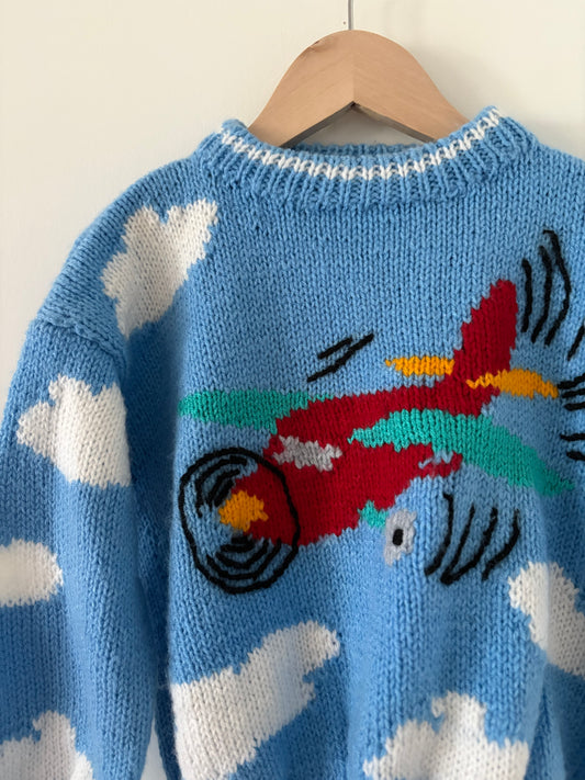 Hand-knit Airplane Wool Sweater Size 4T