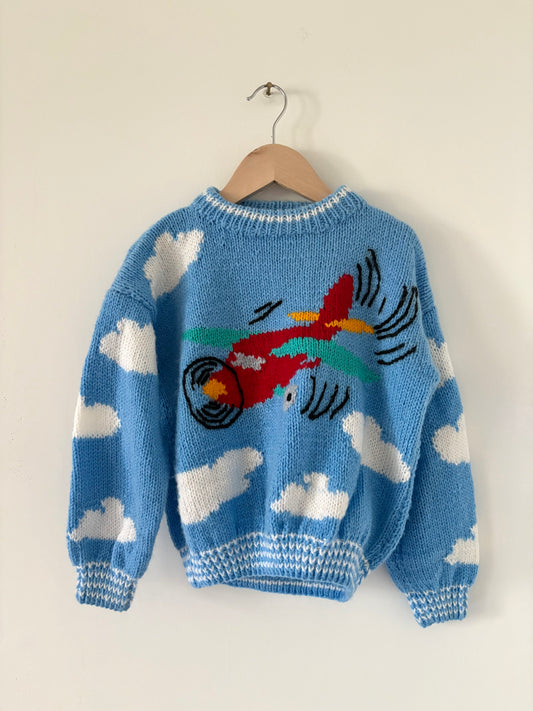 Hand-knit Airplane Wool Sweater Size 4T