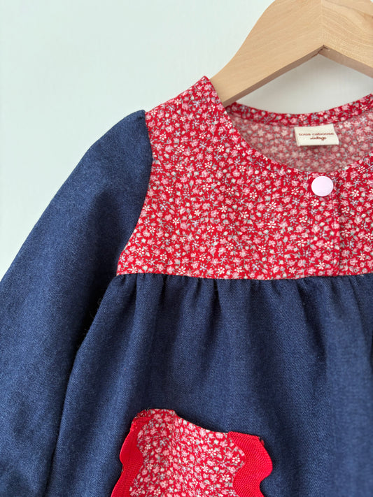 Hand-sewn Upcycled Denim and Floral Ric Rac Dress Size 2T