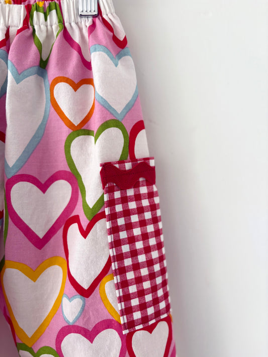 Hand-sewn Upcycled Hearts and Gingham Ric Rac Wide Leg Pocket Pant Size 2T