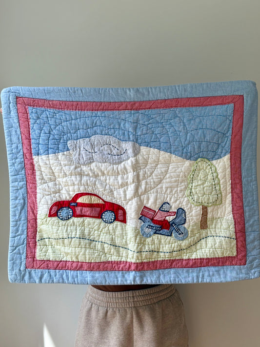 Vintage Quilted Gingham Car & Motorcycle Wall Hanging
