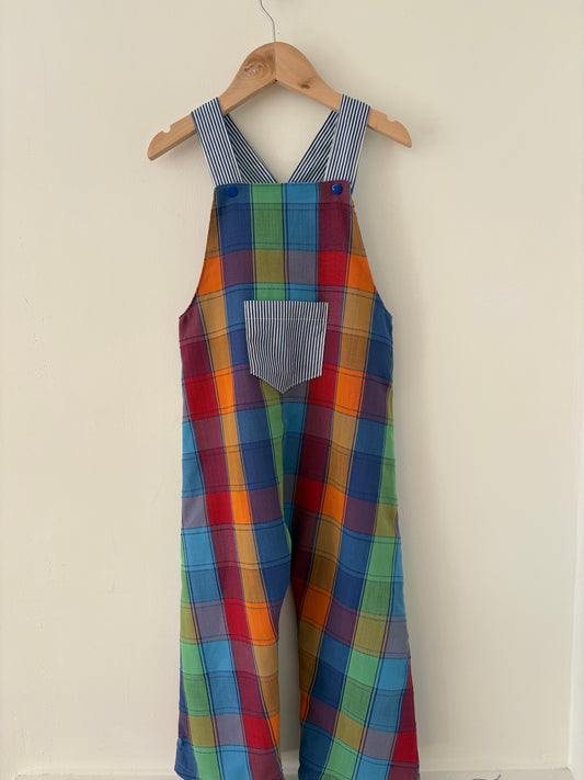 Hand-sewn Upcycled Plaid and Stripe Overalls Size 3T