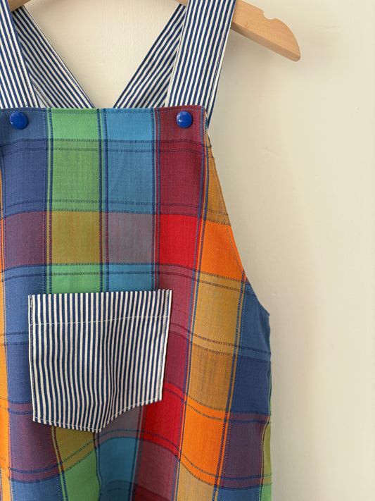 Hand-sewn Upcycled Plaid and Stripe Overalls Size 3T