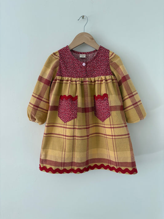 Hand-sewn Upcycled Plaid and Floral Ric Rac Dress Size 3T