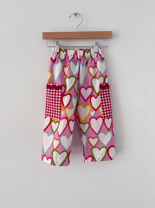 Hand-sewn Upcycled Hearts and Gingham Ric Rac Wide Leg Pocket Pant Size 2T