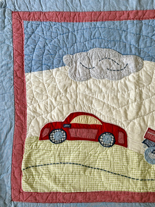 Vintage Quilted Gingham Car & Motorcycle Wall Hanging