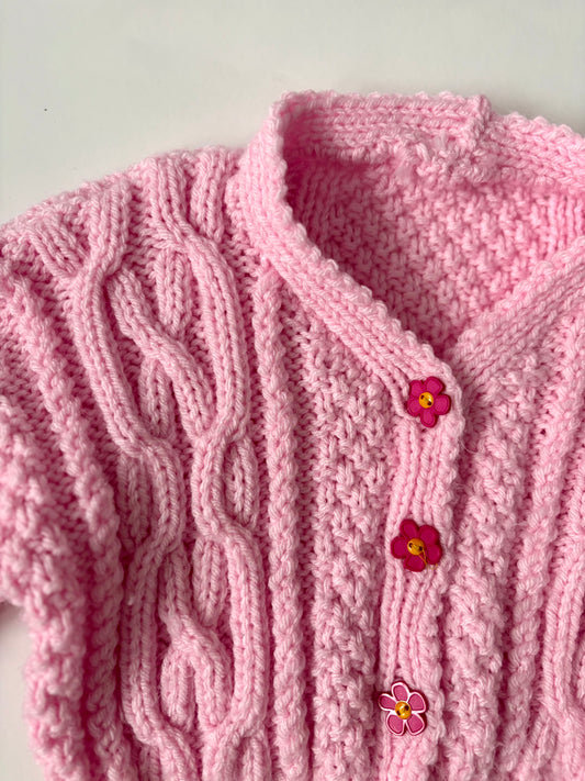 Hand-knit Pink Daisy Cardigan Size 2T
