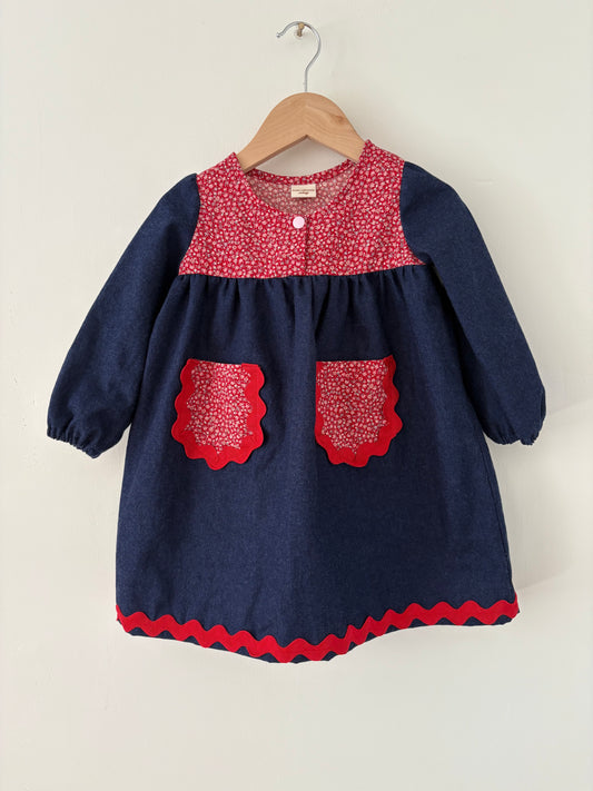 Hand-sewn Upcycled Denim and Floral Ric Rac Dress Size 2T