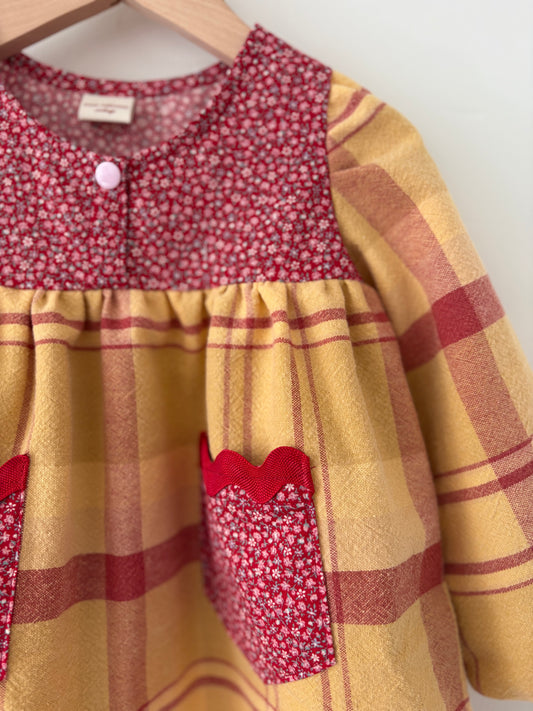 Hand-sewn Upcycled Plaid and Floral Ric Rac Dress Size 3T
