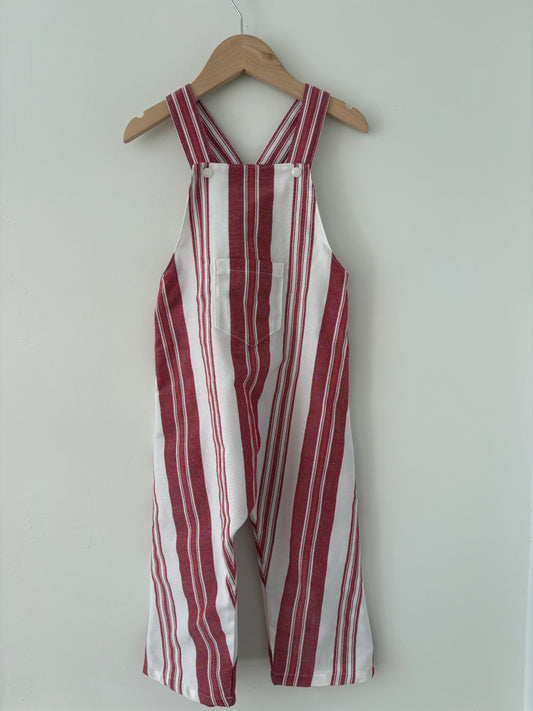 Hand-sewn Upcycled Red Stripe Overalls Size 2T
