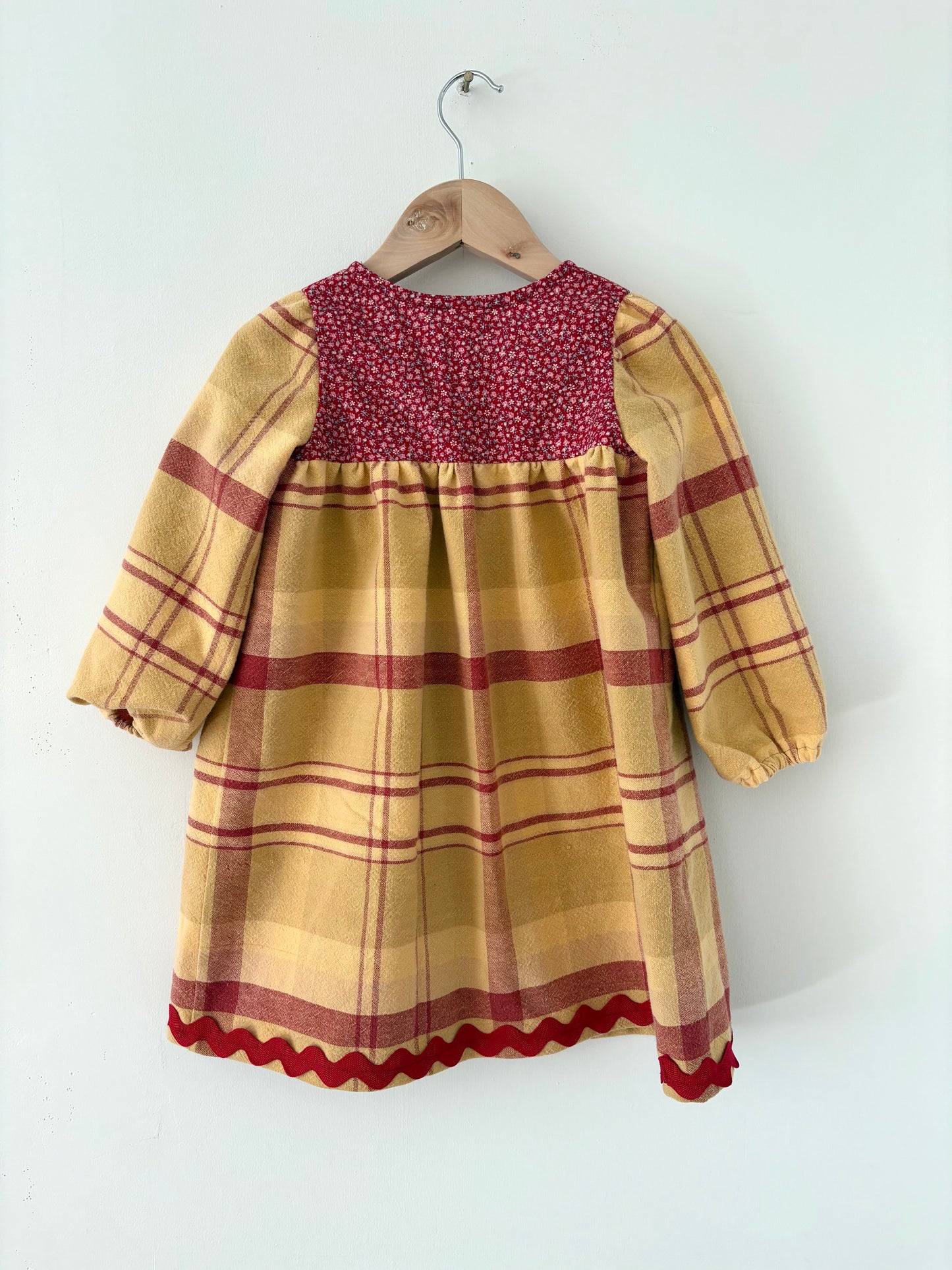 Hand-sewn Upcycled Plaid and Floral Ric Rac Dress Size 3T
