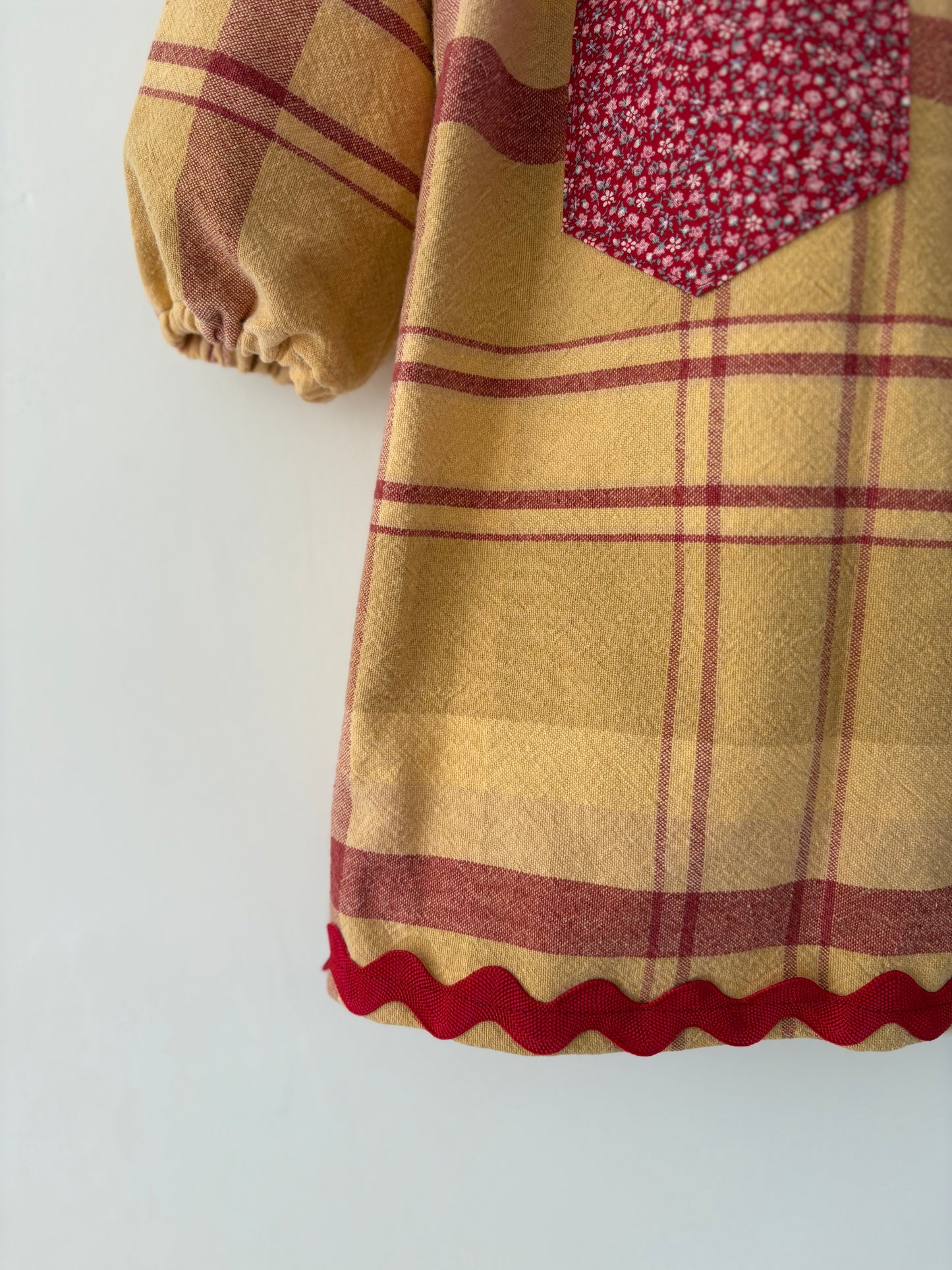 Hand-sewn Upcycled Plaid and Floral Ric Rac Dress Size 3T