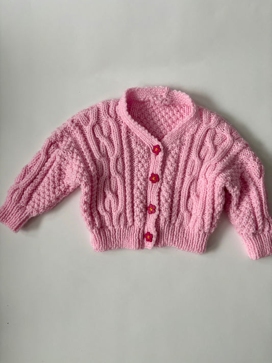 Hand-knit Pink Daisy Cardigan Size 2T