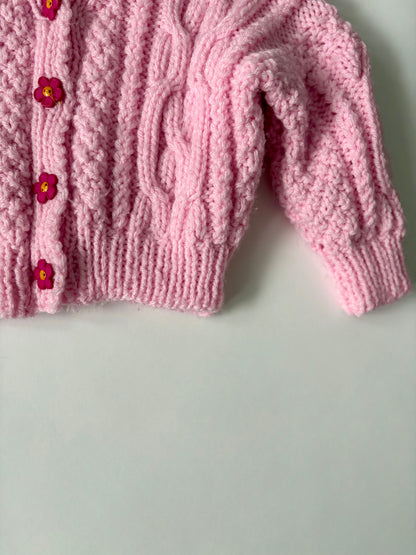 Hand-knit Pink Daisy Cardigan Size 2T