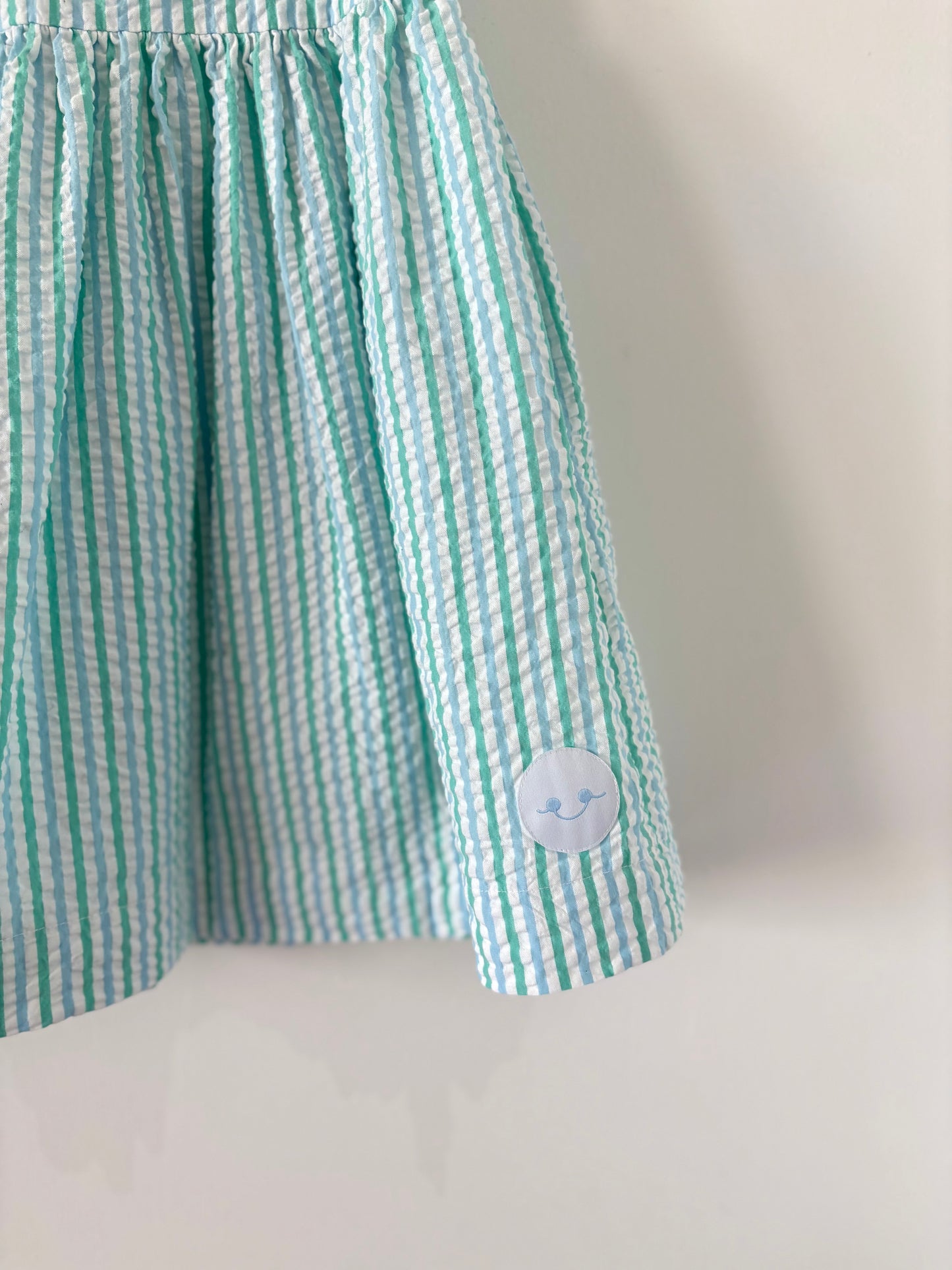 Smiling Button Green and Blue Seersucker Dress Size 5