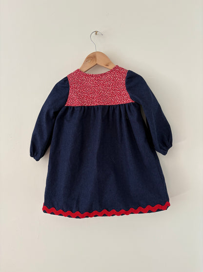 Hand-sewn Upcycled Denim and Floral Ric Rac Dress Size 2T