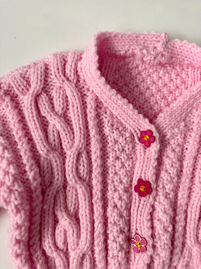 Hand-knit Pink Daisy Cardigan Size 2T