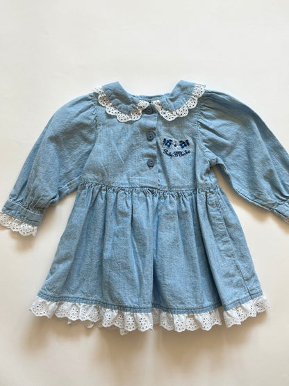 Vintage 90s Baby B'gosh Eyelet Lace Denim Dress Size 12 months