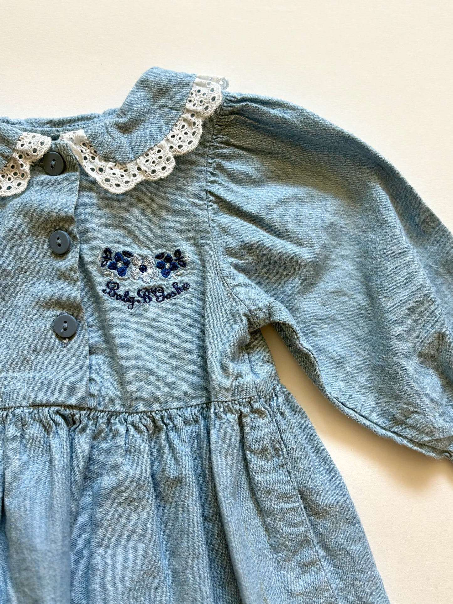 Vintage 90s Baby B'gosh Eyelet Lace Denim Dress Size 12 months