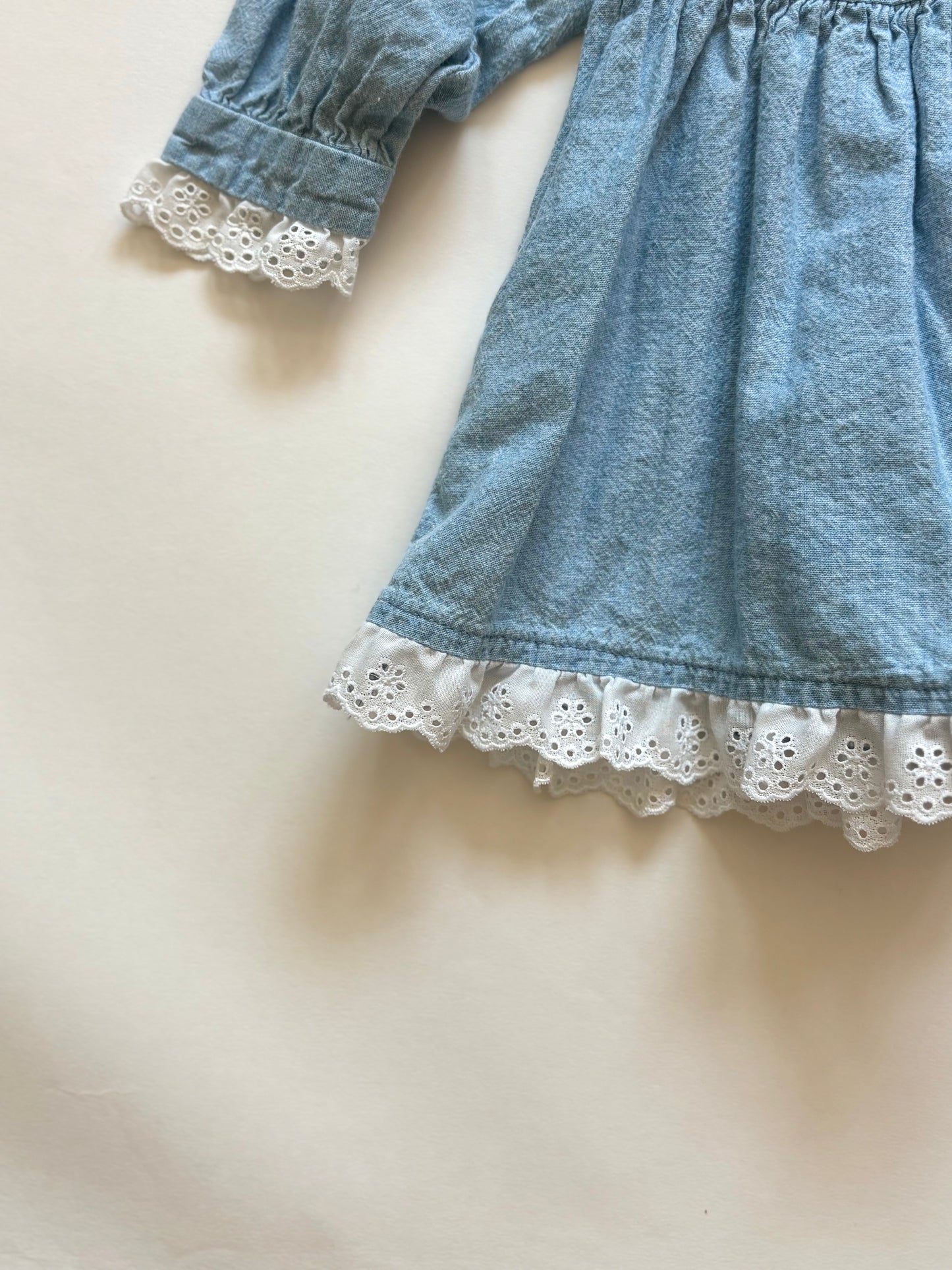 Vintage 90s Baby B'gosh Eyelet Lace Denim Dress Size 12 months