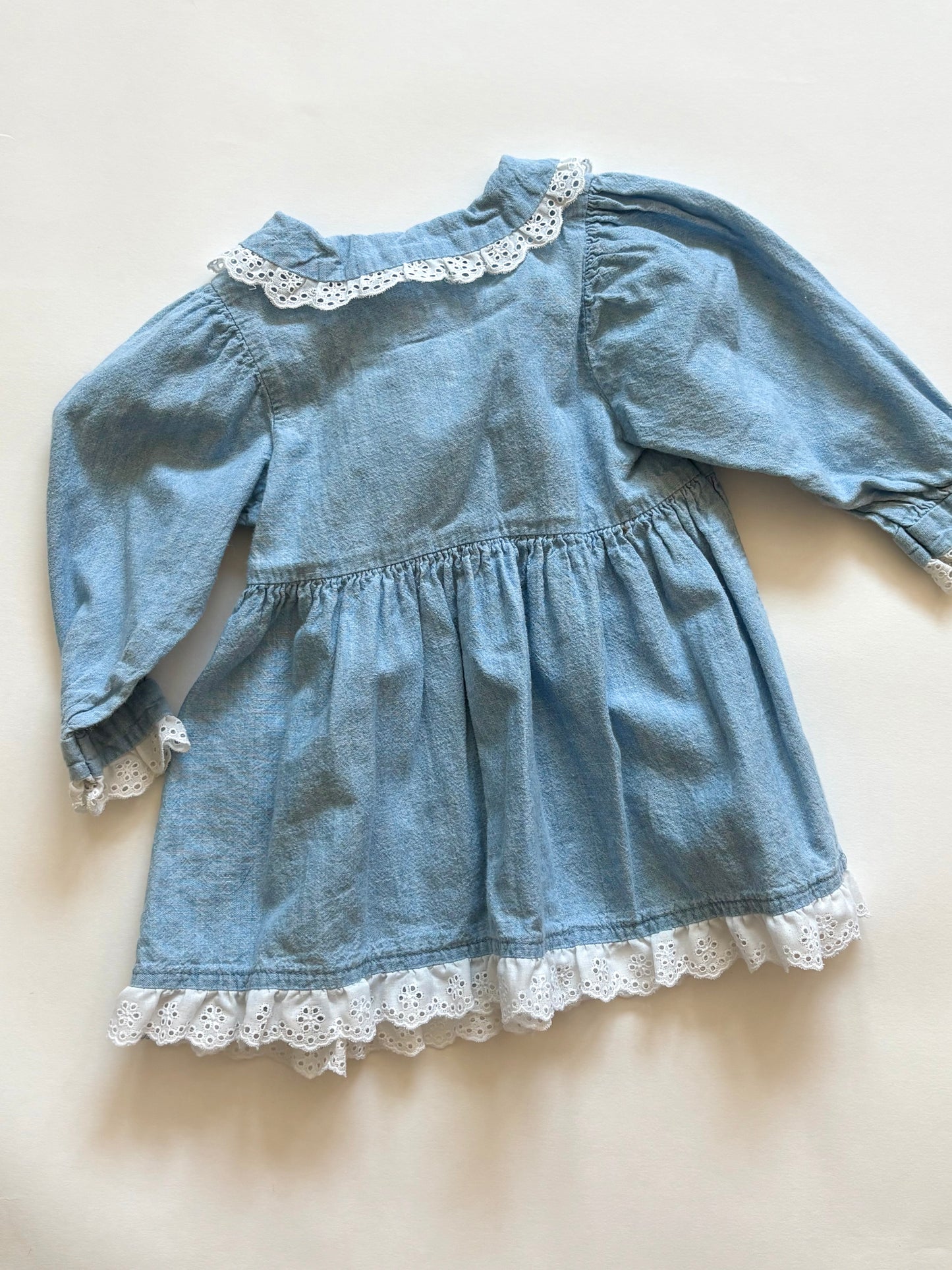 Vintage 90s Baby B'gosh Eyelet Lace Denim Dress Size 12 months