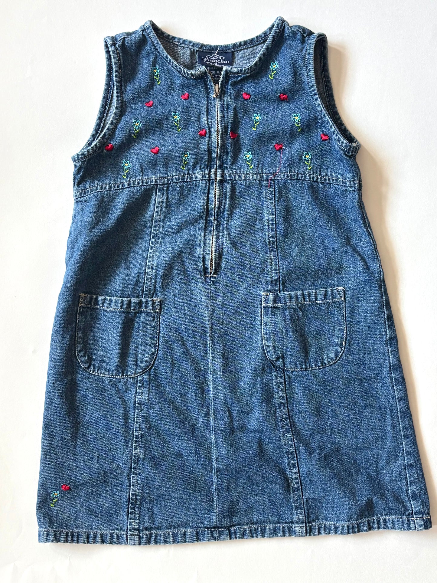 Vintage 90s Embroidered Denim Zip Dress Size 5/6